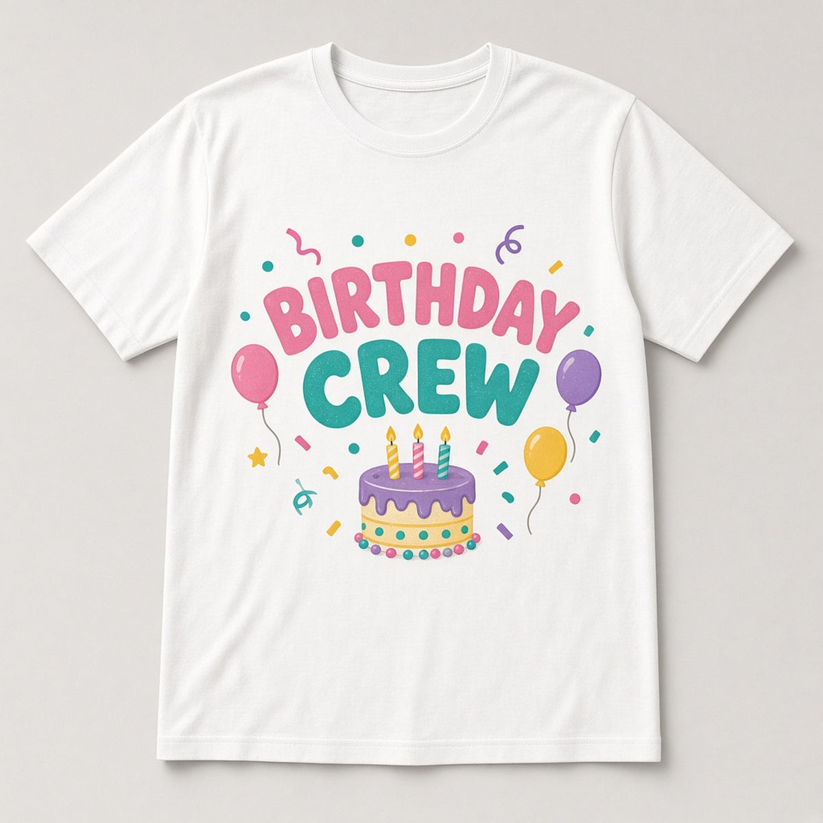Custom birthday t-shirt on white tee, sample Birthday Crew design