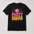 Custom event party t-shirt on black tee, sample Party Squad design