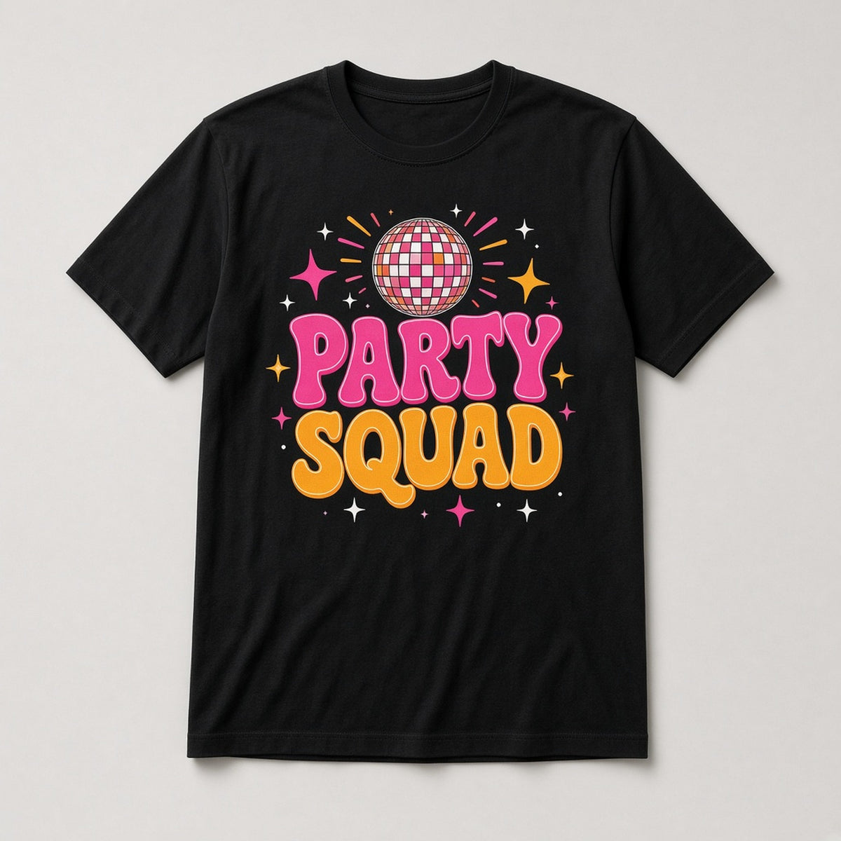 Custom event party t-shirt on black tee, sample Party Squad design