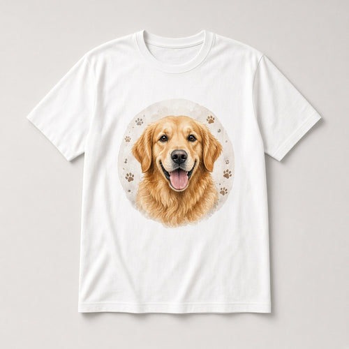 Custom pet t-shirt on white tee, sample illustrated dog portrait print