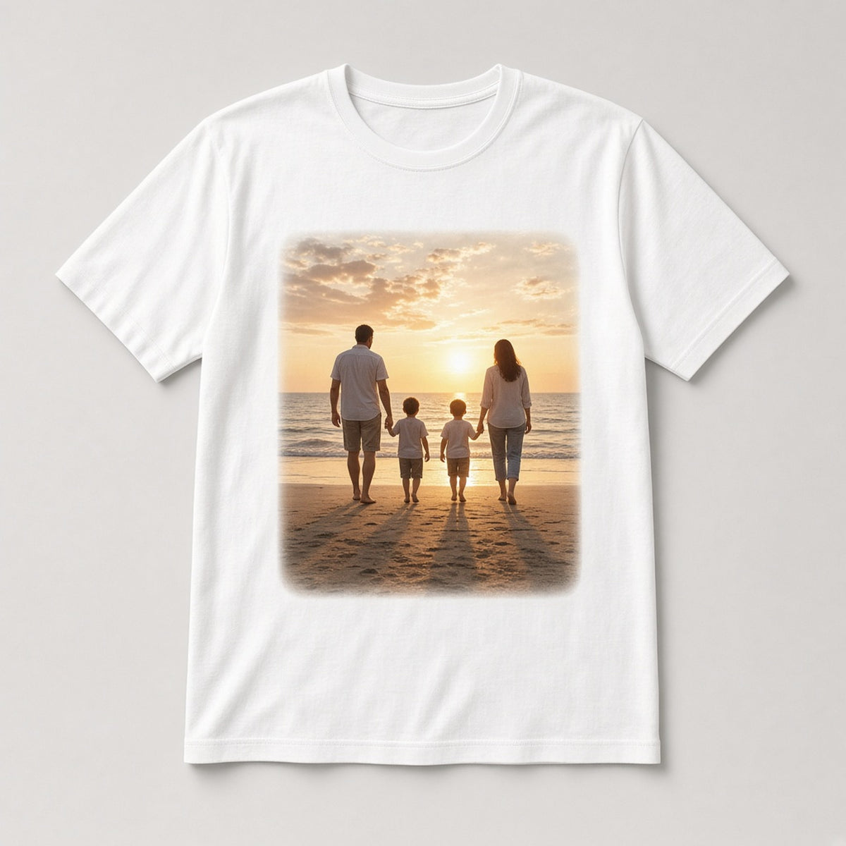 Custom photo t-shirt on white tee, sample beach sunset family photo print